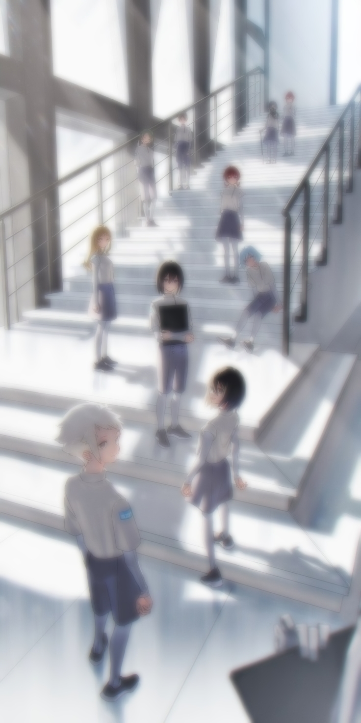 Blurred white staircase of uniformed children