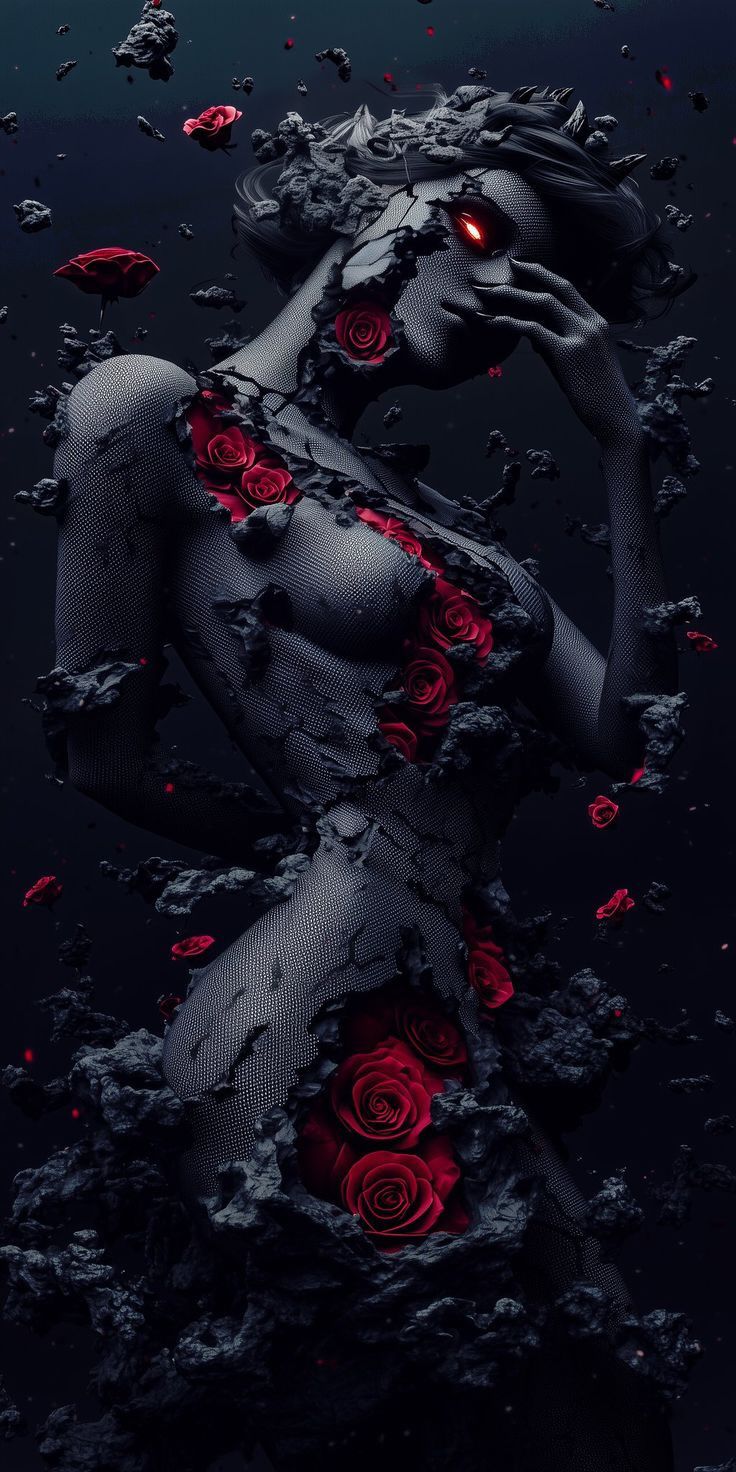Fractured woman with roses rising from void